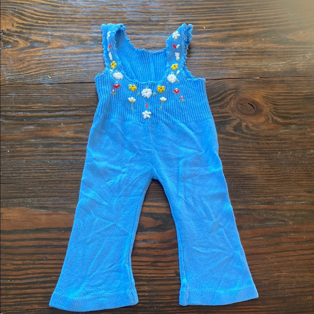 Vintage Handmade Blue girls Embroidered Jumpsuit romper boho hippie retro floral